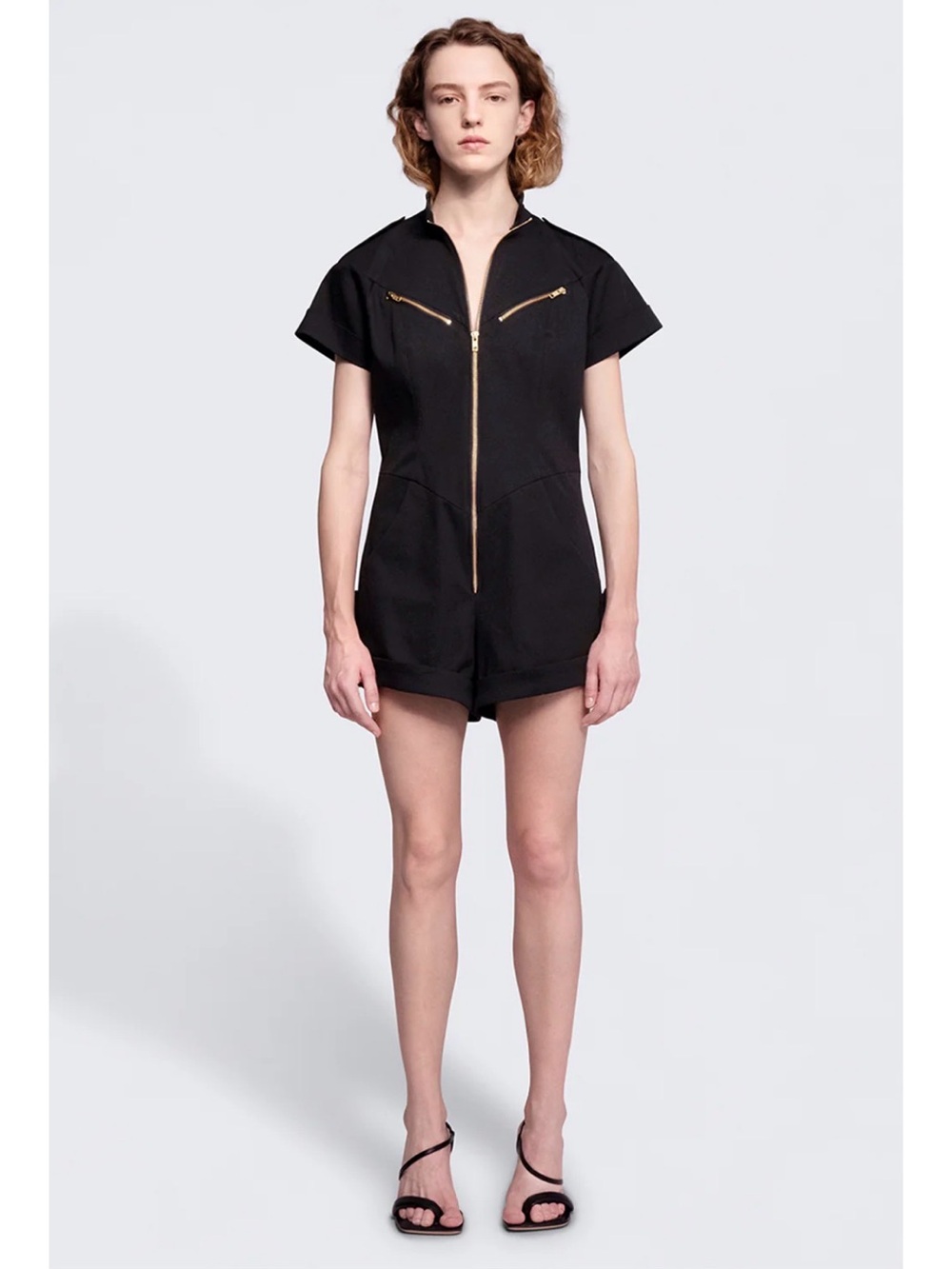 Esther Perbandt Marfa Overalls Black Zip-Front Short Sleeve Romper 36